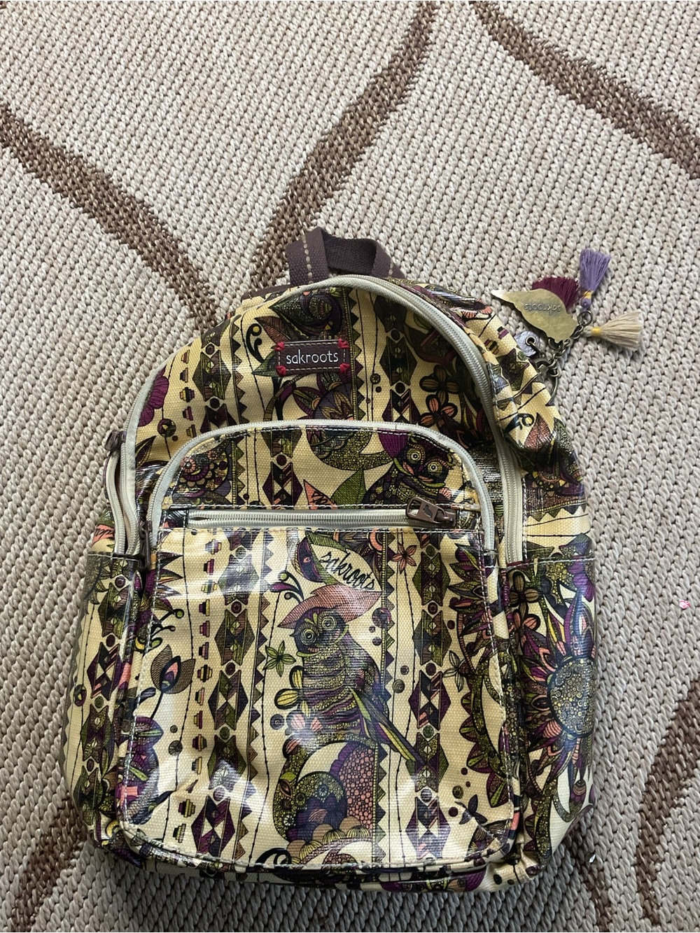 Sakroots Yellow Owl Print Mini Backpack with Purple & Green Accents